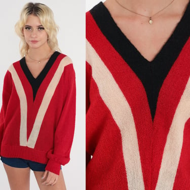 Red Chevron Sweater 70s Mohair Wool Blend Striped Pullover Knit Sweater V-Neck Jumper Cream Black Retro VNeck Knitwear Vintage 1970s Medium 