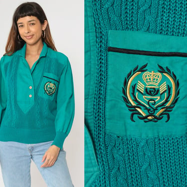 Teal Cable Knit Sweater Shirt 80s 90s Polo Button Up Blouse Retro Crest Pocket Pullover Ramie Cotton Solid Cableknit Vintage 1990s Medium 