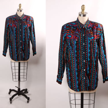 1980s Black, Orange, Purple and Blue Abstract Southwestern Western Button Down Shirt by Rodeo Western Wear -L 