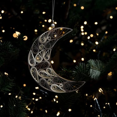 BWC Quilled Gold & White Moon Paper Ornament