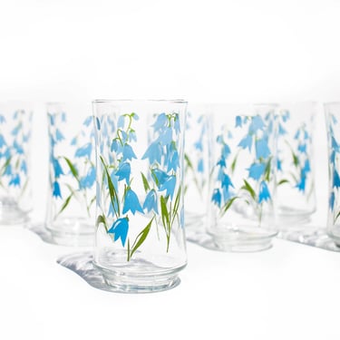 Set of 8 Libbey Tumblers with Blue Floral Print, Drinking Glasses, Cocktail Bar Cups, Iced Tea Glasses, Vintage Glassware 