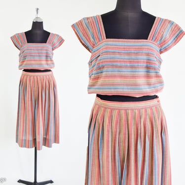 1970s Striped Top & Skirt Set | 70s Striped Woven Cotton Skirt Set | Madras Cotton Set | BoHo | Hippie | Medium 