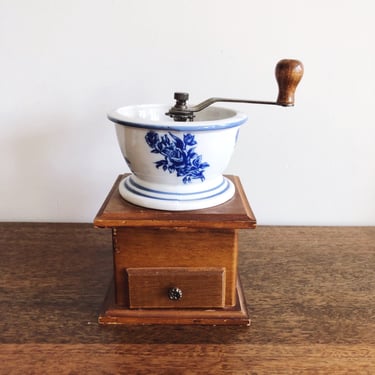Vintage Farmhouse Coffee Grinder Porcelain and Wood 