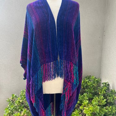 Vintage boho cape shawl weave hand knit stripes purple blue sz OS by Kate Nilssen of Taos NM 