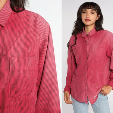 Red Striped Shirt 90s Calvin Klein Shirt Distressed Faded Shirt Oxford 80s Vintage Long Sleeve Button Up Boyfriend Cotton Medium Large 