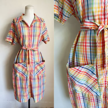 Vintage 1980s Rainbow Plaid Day Dress / L 
