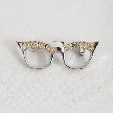 1960s Small Rhinestone Cat Eye Glasses Brooch 