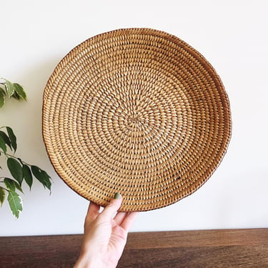 Vintage Handwoven Coiled Rattan Flat Basket Tray 