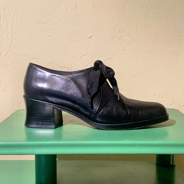 Block Heel Pumps Vintage 90s Black Leather High Heel Oxfords Square Toe Minimal Size 7.5 