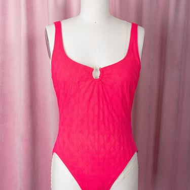 Vintage 80s Pierre Cardin Neon Hot Pink Textured One-Piece Swimsuit with Gold Hardware Detail 