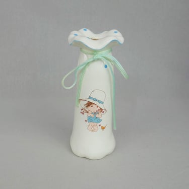 1983 Sweet Me Bud Vase - American Greetings - Barefoot Girl w/ Flowers & Bird - White Glazed Ceramic w/ Blue Dots - Vintage 1980s 