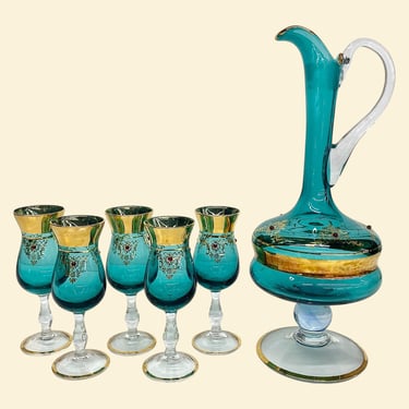 Vintage Murano Decanter and Cordial Glasses Retro 1960s Mid Century Modern + Venetian Italian Glass + Turquoise Blue + 24K Gold + 6 Pieces 