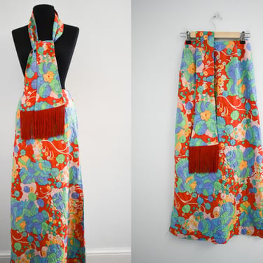 1960s Printed Maxi Skirt and Fringed Scarf 
