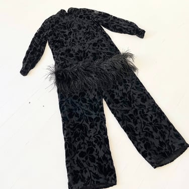 1960s Black Embossed Velveteen Set with Ostrich Feather Trim 