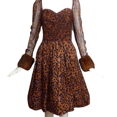 RICKIE FREEMAN- 1990s Chiffon Print &amp; Fur Dress, Size 8