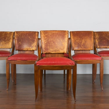 1930s French Art Deco Walnut Leather Dining Chairs - Set of 6 