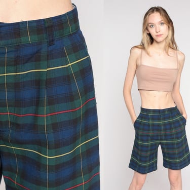90s Plaid Shorts Pleated Trouser Shorts Green Navy Blue Mom Shorts High Waisted Retro Checkered Preppy Knee Length Vintage 1990s Small xs 26 