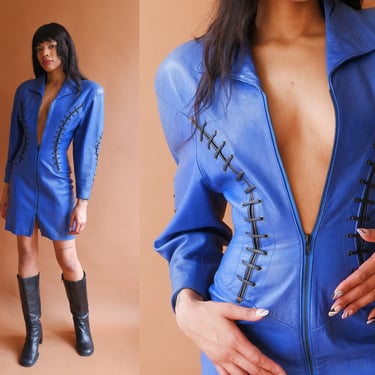 Vintage 80s Cobalt Blue Leather Zip Up Dress/ 1980s North Beach Leather Football Laces Strong Shoulder Dress/ Size Small 
