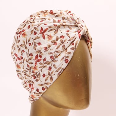 1970s Cream and Brown Fall Foliage Leaves Floral Hat Turban 