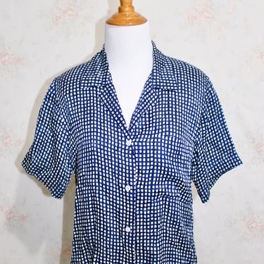Vintage 80s Silk Shirt, 1980s Silk Blouse, Minimalist, Geometric Print, Checkered, Satin, Collared, Button Down, Notch Collar 