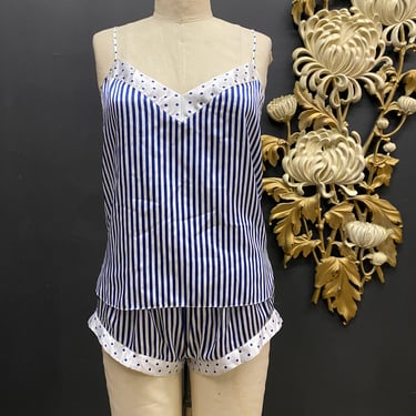 1980s satin pjs, shorts and tanks top, vintage pajamas, blue and white striped, size small, B G street, 80s lingerie, camisole, polka dot 