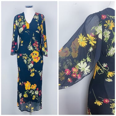 1990s Vintage Black Romantic Floral Bias Cut Dress / 90s / Nineties Sheer Cape Sleeve Beaded Wiggle Dress / Size Small / Medium 