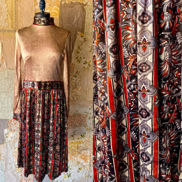 1960s Cirette Velvet Pattern Mock Neck Long Sleeve Dress. M/L. By Copperhive Vintage. 