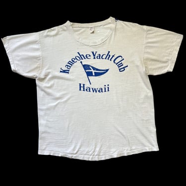 Vintage 1960s Kaneohe Yacht Club HAWAII T-Shirt ~ fits M to L ~ Single Stitch ~ Worn-In / Soft / Thin / Repaired ~ Flocked Print 