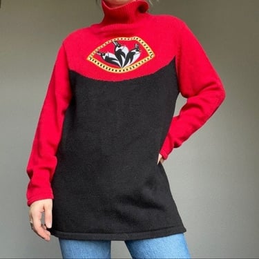 Vintage Bob Mackie Red Black Novelty Penguin Holiday Turtleneck Sweater Sz M 