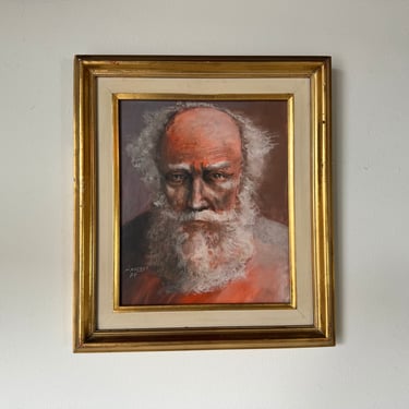 1974 Annerys Old Man Portrait Oil Pastel  Painting, Framed 