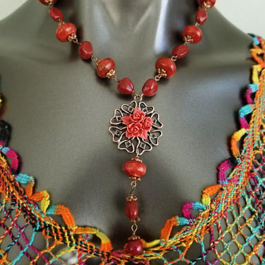 Apple Coral Necklace Adjustable length~Vintage 21" Hand Beaded Artisan Necklace~Sponge Coral Beads & Copper 