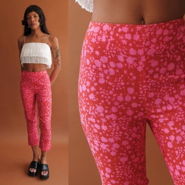 Vintage 60s Hot Pink and Red Floral Pants/ 1960s Cropped Cigarette Pants/ Size XS 25 