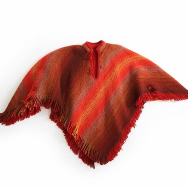 Fringe wool poncho | Vintage 70s orange ombre knit wool mohair cape cape 