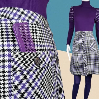 60s mod miniskirt like new. Purple houndstooth wrap around button-up A-line. Twiggy gogo skirt. (30