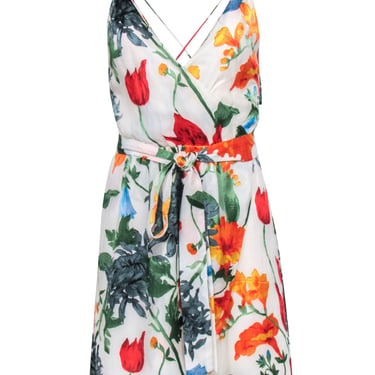 Alice &amp; Olivia - Cream &amp; Multicolor Floral Chiffon Mini Dress w/ Belt Sz 6