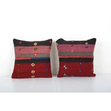 Turkish Square Kilim Pillow Cases Made from Vintage Anatolian Wool Perde | 16&quot; x 16&quot;