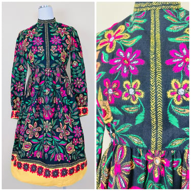 1960s Vintage Rodrigues Acrylic Neon Floral Dress / 60s / Sixties Psychedelic Fit and Flare Mock Neck Dress / Size Small 