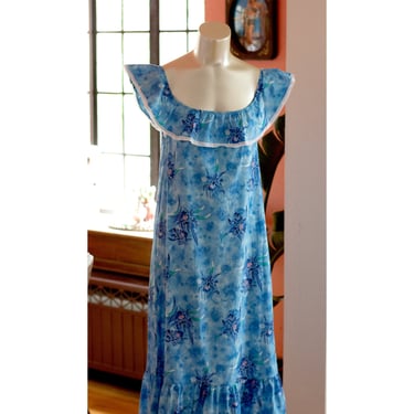 Vintage Hawaiian Sundress - 1970s - Summer - Floral, Blue, Beachy - Shift Dress 