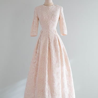 Classic Vintage Wedding Gown In Peony Pink Silk With Ivory Soutache Swirls / S