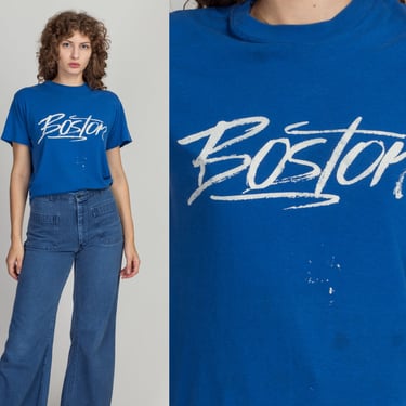 80s Boston Tourist T Shirt - Men's Medium, Women's Large | Vintage Distressed Blue Calligraphy Cursive Graphic Tee 