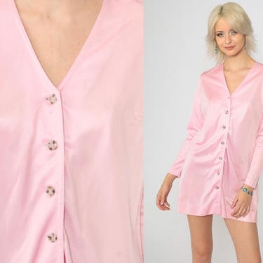 70s Pink Mini Dress Mod Button Up Shirtdress Plain Long Sleeve V Neck Shift Cut Simple Micro Minidress Vintage 1970s Small Medium 