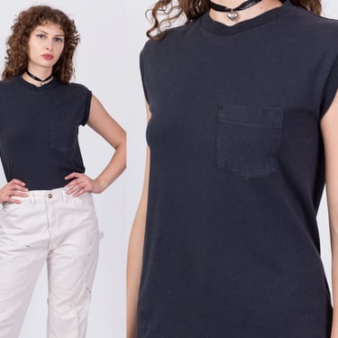 80s Black Tank Top - Men's Small, Women's Medium | Vintage Blank Sleeveless Pocket Muscle Shirt 