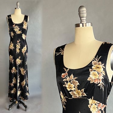 1990s Maxi Dress / 1990s Floral Black & Brown Rayon Slip Dress w/ Lace Up Back / Size Medium 