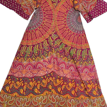 1970's Indian Cotton Caftan Dress Burgundy Orange I Angel Wings I Sz Med 