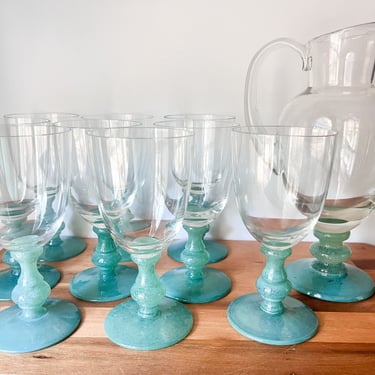 Vintage Jade Green Stemmed Water Goblets and Pitcher. Villeroy and Boch Isabelle Glasses. Vintage Green Glassware Set. 