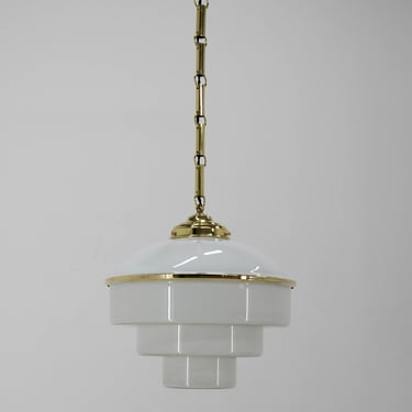 Art Deco Pendant, Europe, 1930's / Vintage Lighting / Art Deco Milk Glass and Brass Pendant Light 