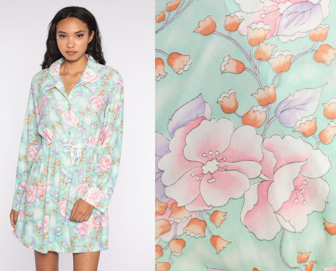 70s Mini Dress Pastel Green Floral Dress Boho V Neck Shop Exile