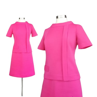 Vintage Mod Pink Dress Set, Medium / Retro 1960s Style Ribbed Top and Skirt Set / Early 1970s Neon Pink Jackie O Style Two Piece Outfit 