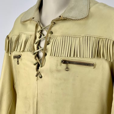 1950's Buckskin PullOver Fringe Jacket - Laced Front Detail - 2 Slash Zip Pockets - Metal Side Zipper - Men's LARGE 