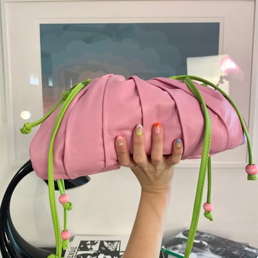 Bubblegum pink pouch bag, Danielle Bernard pouch bag, pink leather drawstring bag, wood bead bag, baby pink mini bag, pleat drawstring bag 